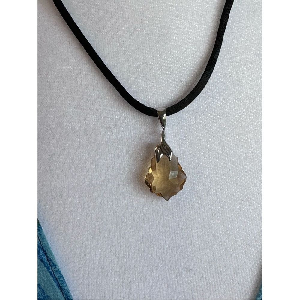 Swarovski Crystal Light Topaz Baroque Pendant Necklace Black Silk Cord Sterling